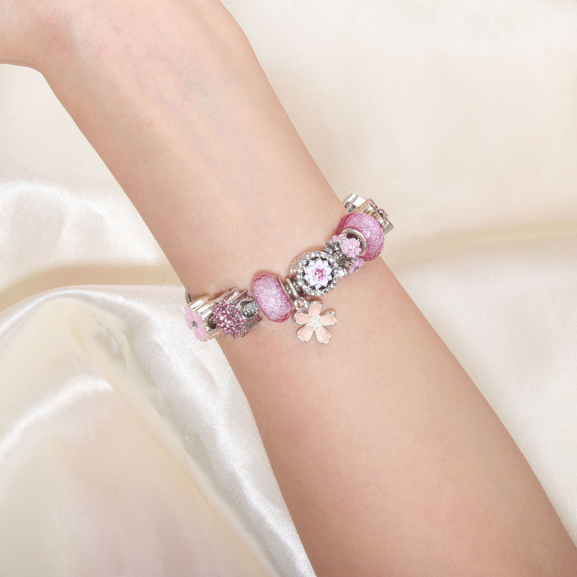 Chic Camellia Bead Charm DIY Bracelet with Crystal(pink flower-18cm) V1132-NSSL60-PINK FLOWER-18