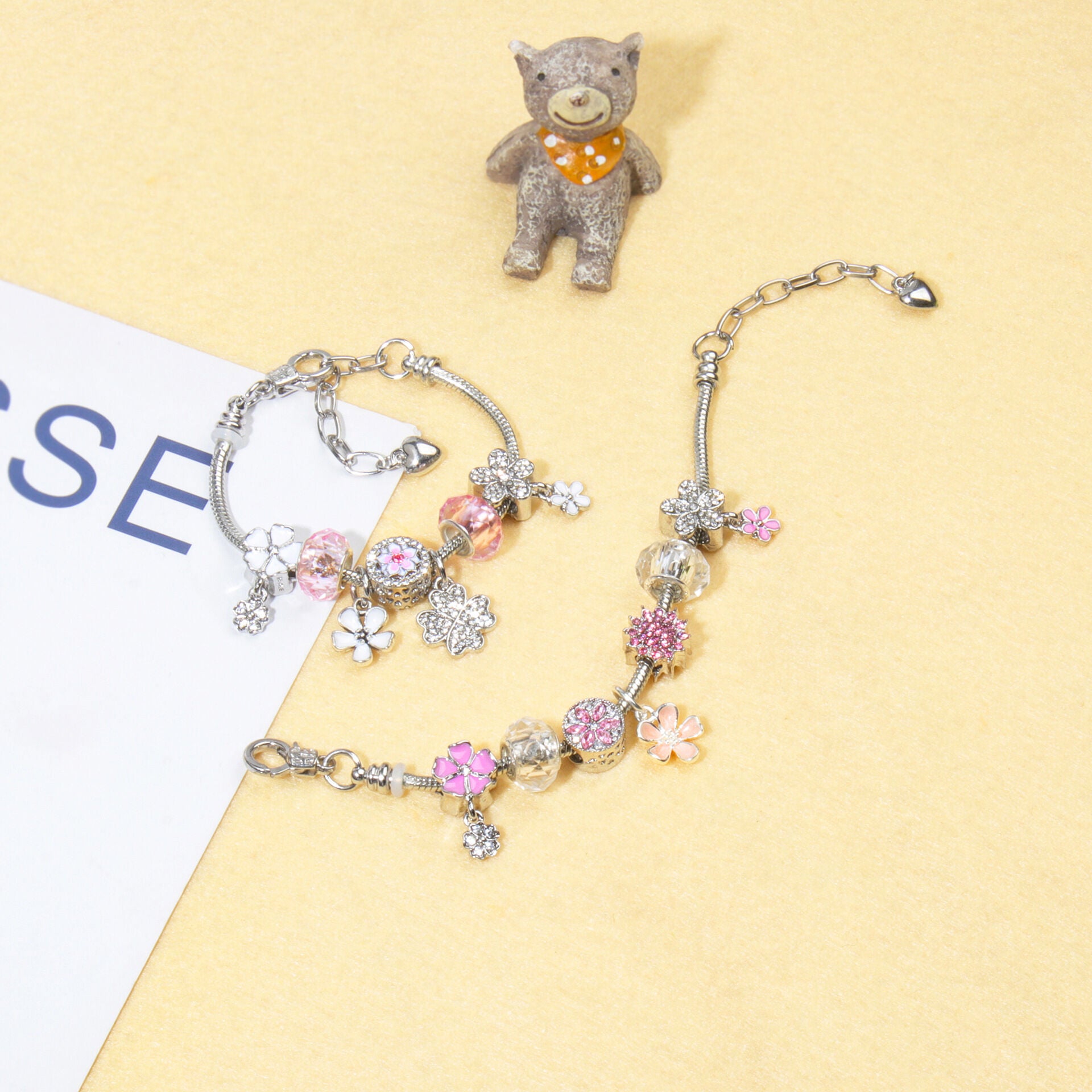 Chic Camellia Bead Charm DIY Bracelet with Crystal(pink flower-18cm) V1132-NSSL60-PINK FLOWER-18