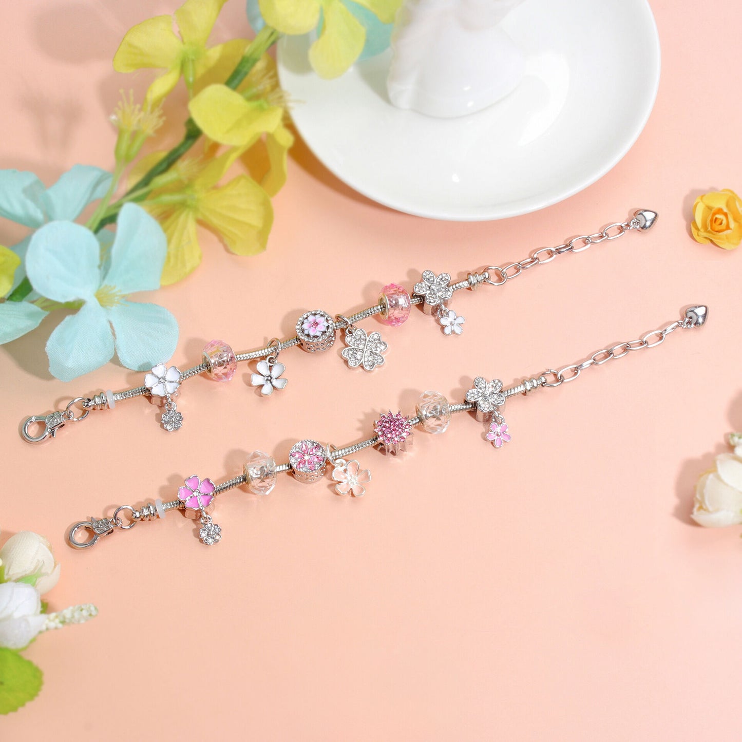 Chic Camellia Bead Charm DIY Bracelet with Crystal(pink flower-19cm) V1132-NSSL60-PINK FLOWER-19