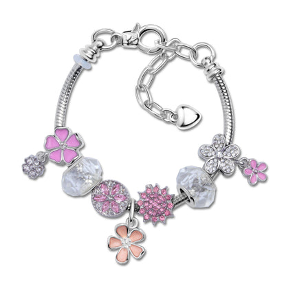 Chic Camellia Bead Charm DIY Bracelet with Crystal(pink flower-21cm) V1132-NSSL60-PINK FLOWER-21