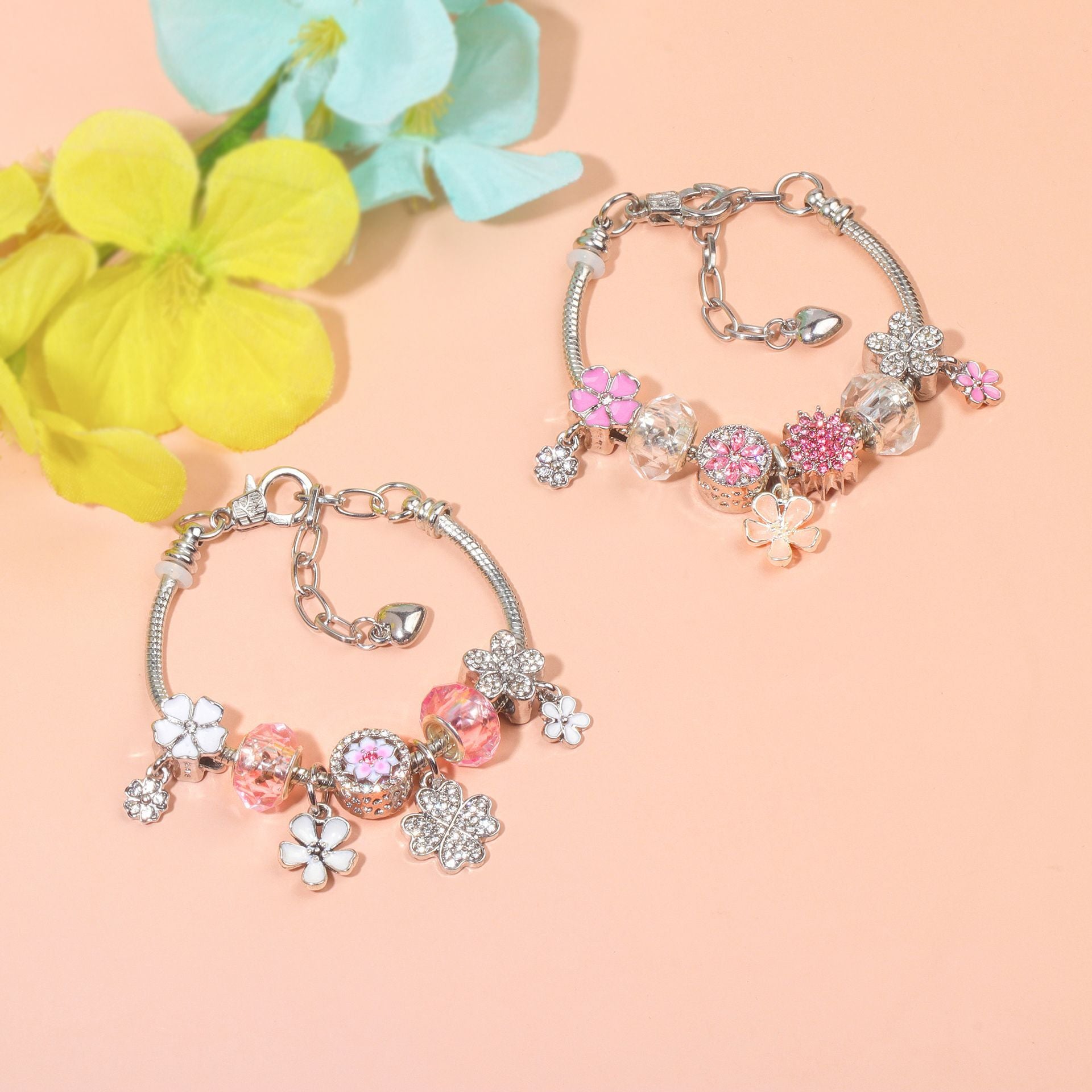 Chic Camellia Bead Charm DIY Bracelet with Crystal(pink flower-21cm) V1132-NSSL60-PINK FLOWER-21