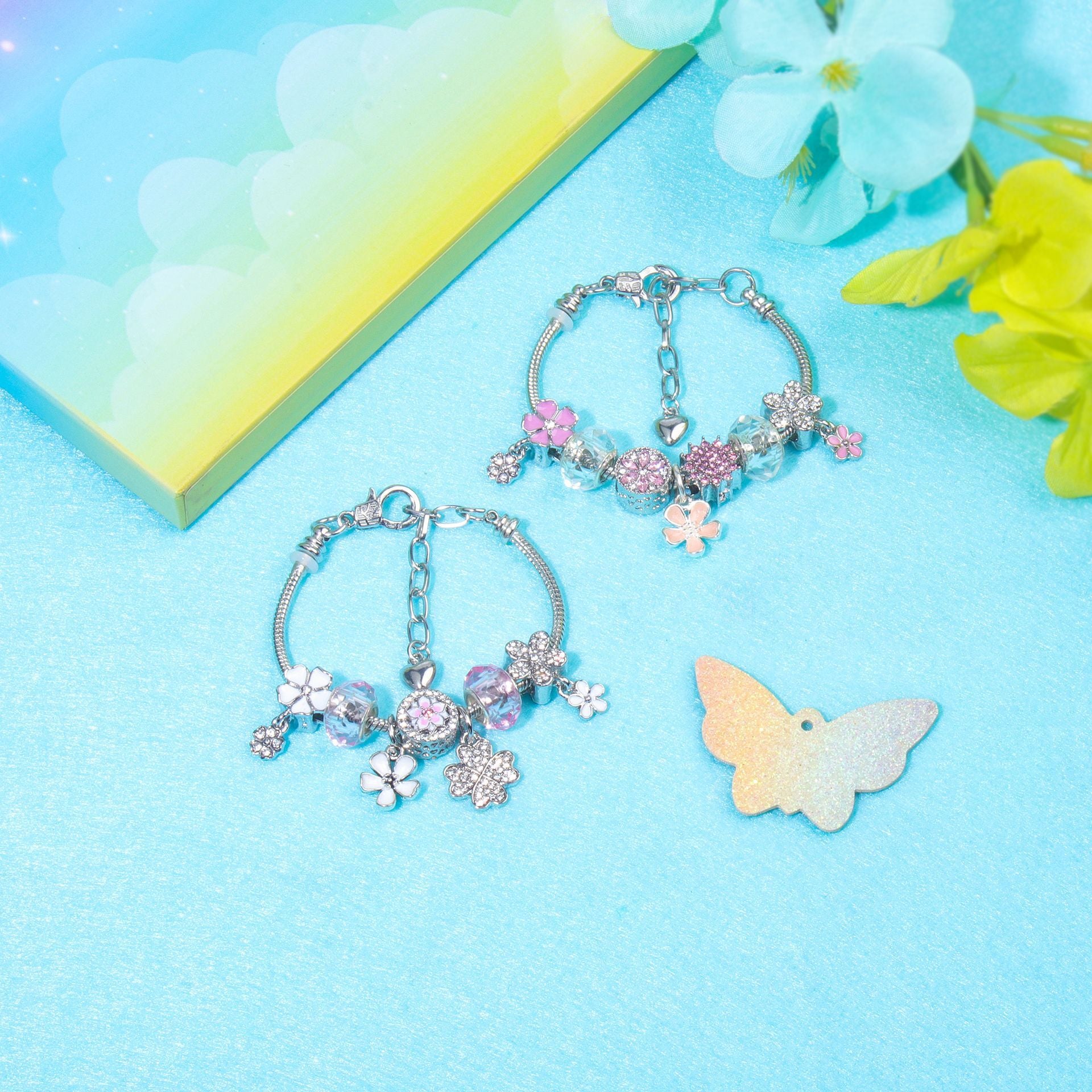 Chic Camellia Bead Charm DIY Bracelet with Crystal(pink flower-21cm) V1132-NSSL60-PINK FLOWER-21