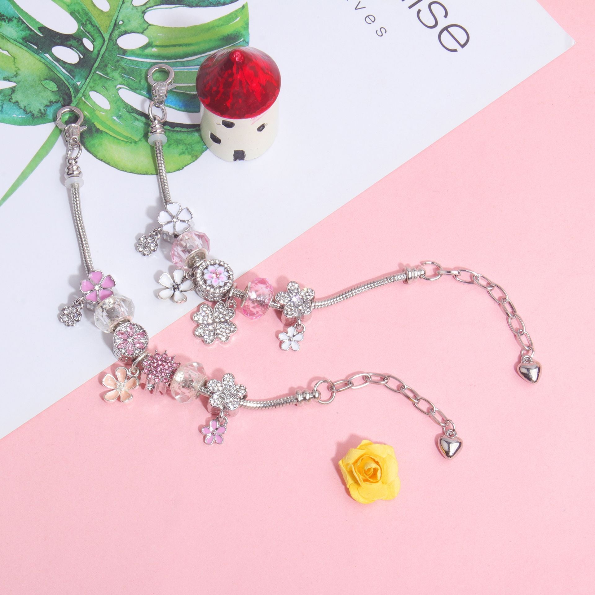 Chic Camellia Bead Charm DIY Bracelet with Crystal(white flower-16cm) V1132-NSSL60-WHITE FLOWER-16