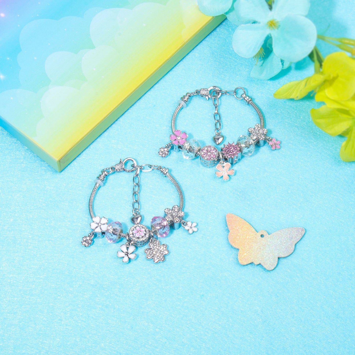 Chic Camellia Bead Charm DIY Bracelet with Crystal(white flower-16cm) V1132-NSSL60-WHITE FLOWER-16