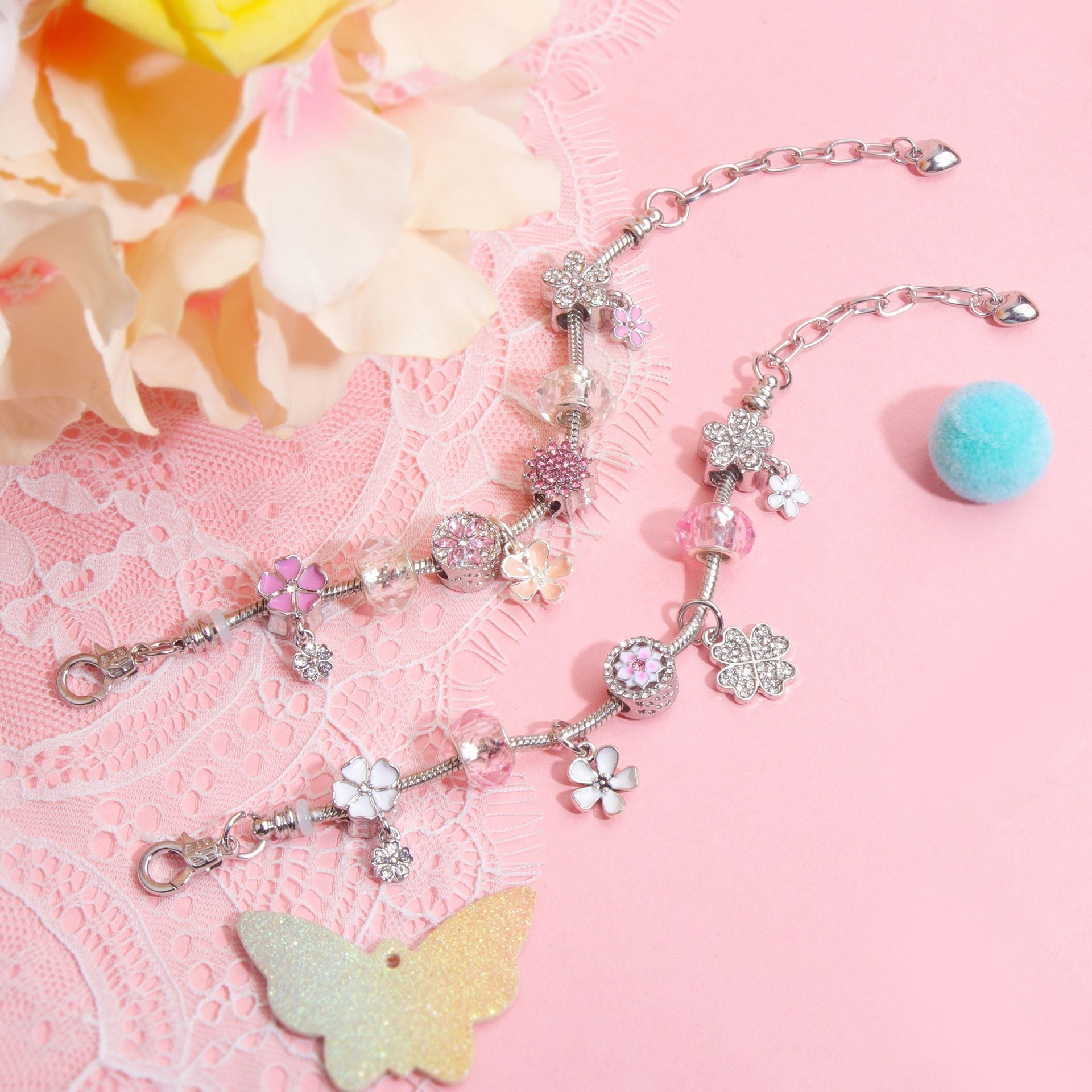 Chic Camellia Bead Charm DIY Bracelet with Crystal(white flower-19cm) V1132-NSSL60-WHITE FLOWER-19