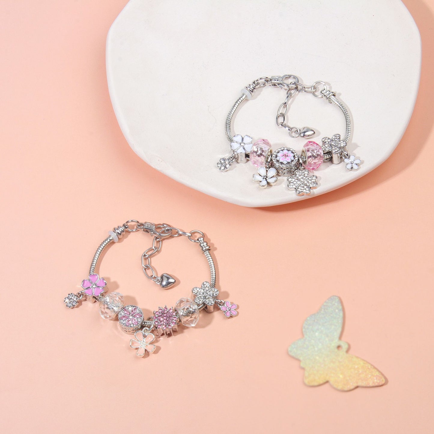 Chic Camellia Bead Charm DIY Bracelet with Crystal(white flower-19cm) V1132-NSSL60-WHITE FLOWER-19