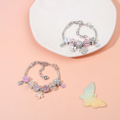 Chic Camellia Bead Charm DIY Bracelet with Crystal(white flower-19cm) V1132-NSSL60-WHITE FLOWER-19