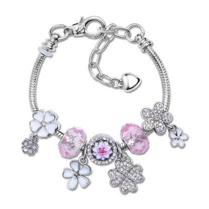 Chic Camellia Bead Charm DIY Bracelet with Crystal(white flower-21cm) V1132-NSSL60-WHITE FLOWER-21