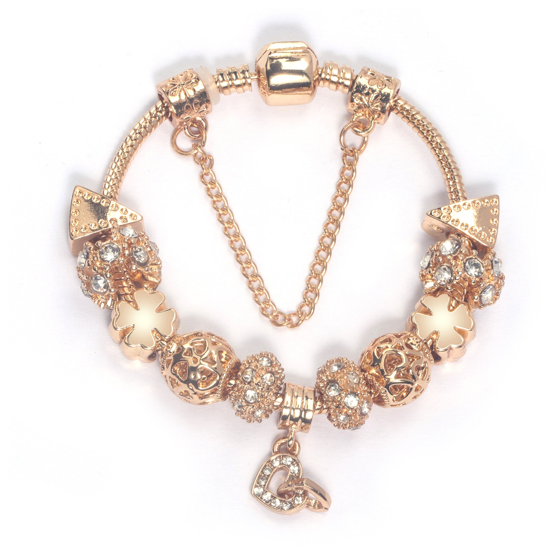 Rose Gold Crystal Charm Bracelet with Clover, Heart, Triangle Beads & Heart Pendant(17cm) V1132-NSSL63-17