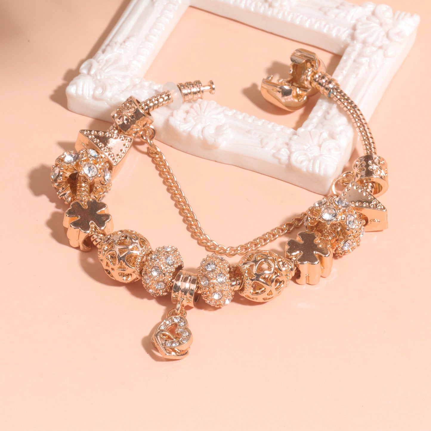 Rose Gold Crystal Charm Bracelet with Clover, Heart, Triangle Beads & Heart Pendant(17cm) V1132-NSSL63-17