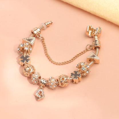 Rose Gold Crystal Charm Bracelet with Clover, Heart, Triangle Beads & Heart Pendant(18cm) V1132-NSSL63-18