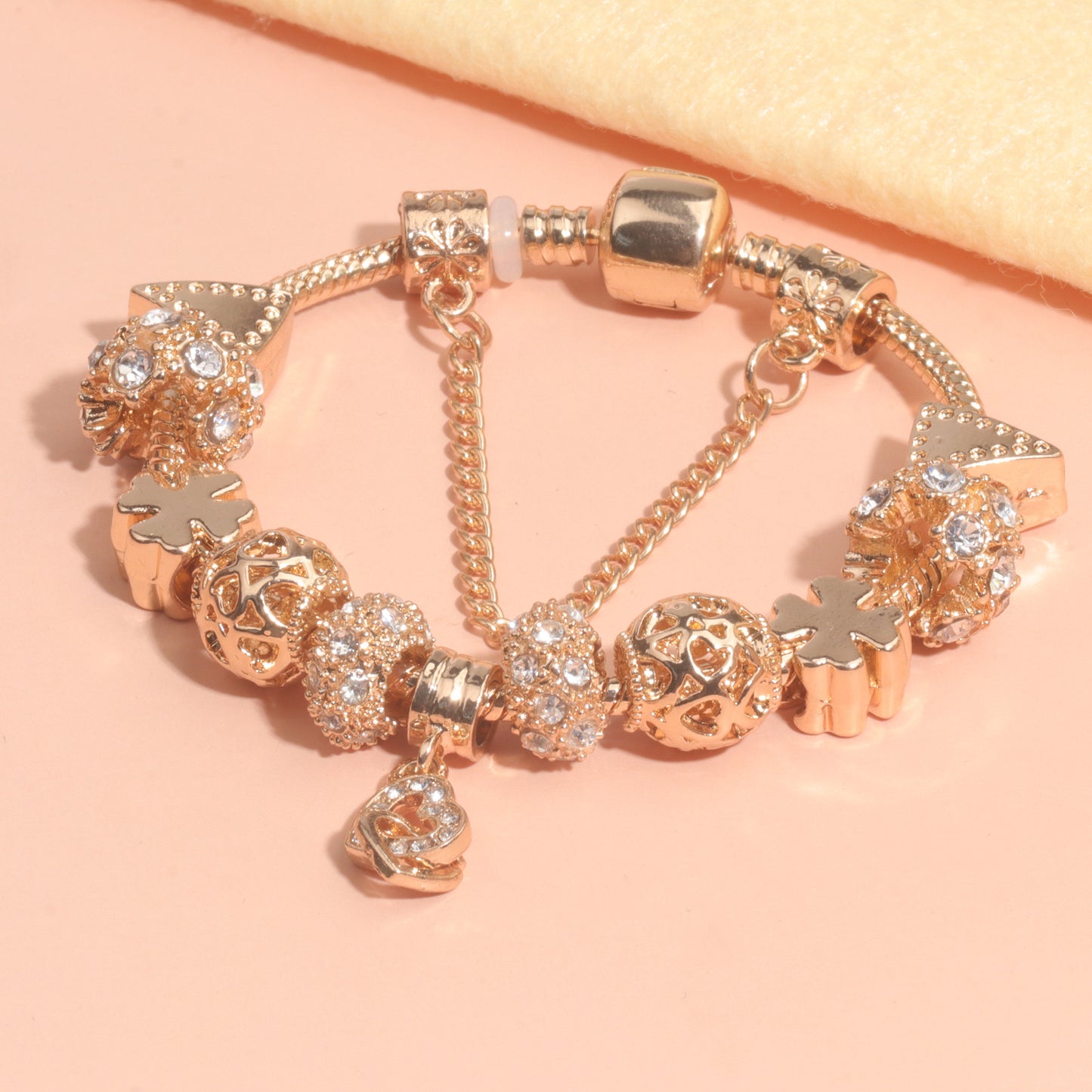 Rose Gold Crystal Charm Bracelet with Clover, Heart, Triangle Beads & Heart Pendant(18cm) V1132-NSSL63-18