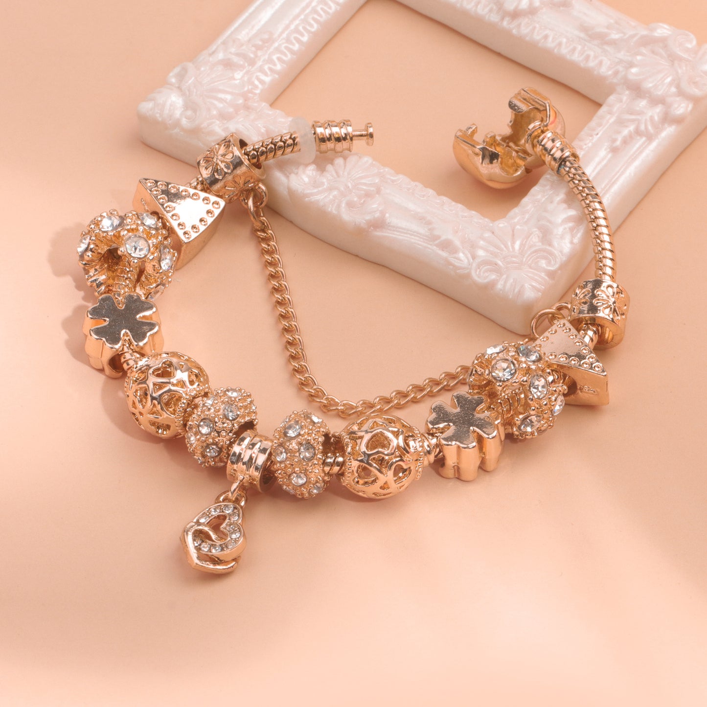 Rose Gold Crystal Charm Bracelet with Clover, Heart, Triangle Beads & Heart Pendant(19cm) V1132-NSSL63-19