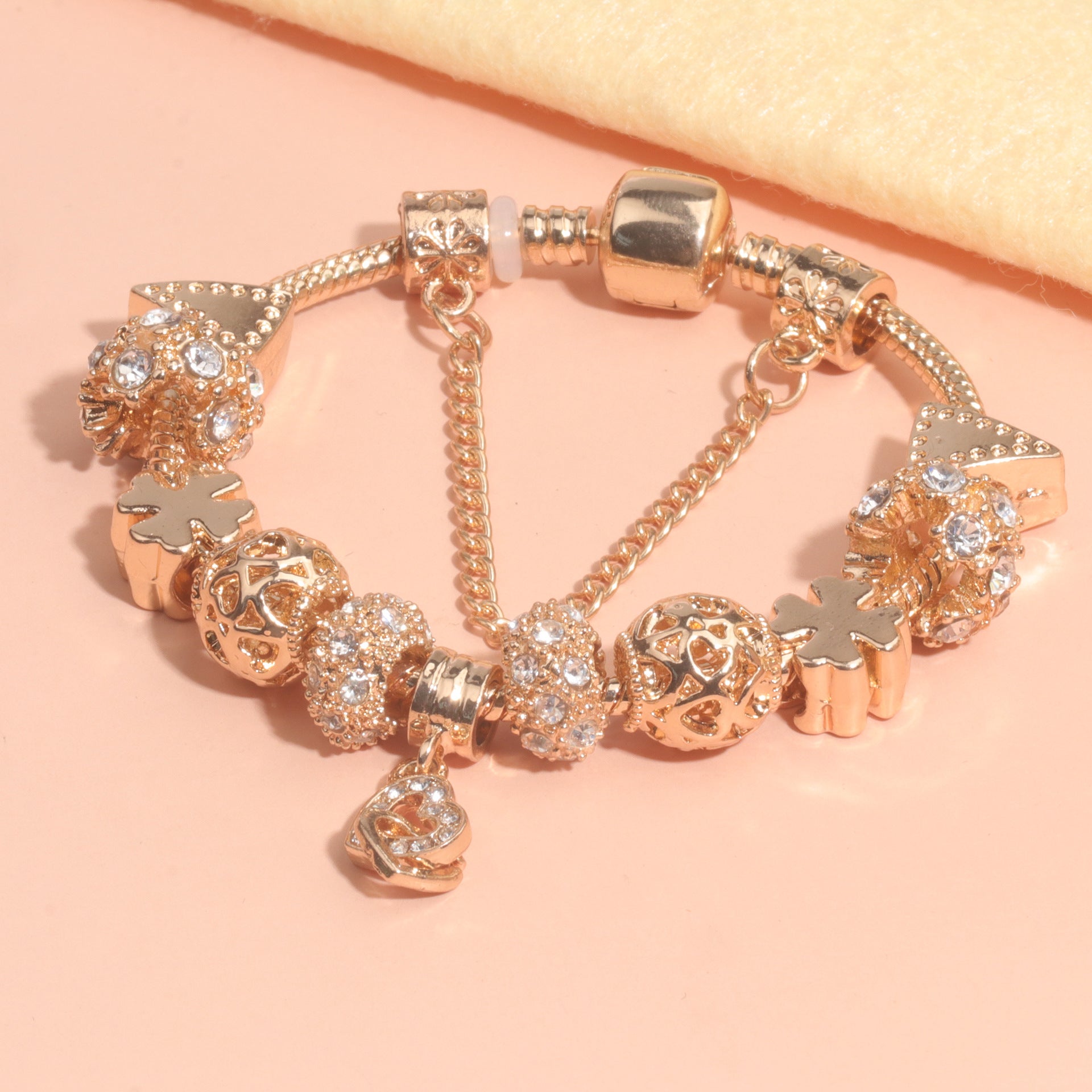 Rose Gold Crystal Charm Bracelet with Clover, Heart, Triangle Beads & Heart Pendant(19cm) V1132-NSSL63-19