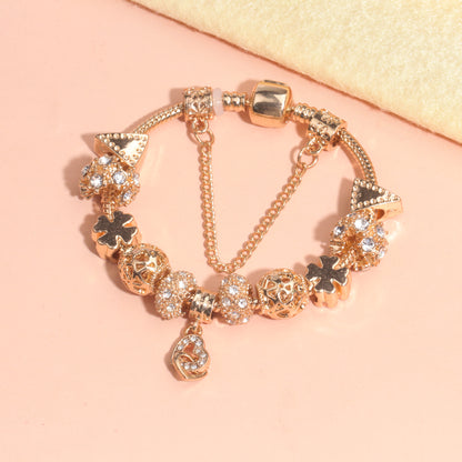 Rose Gold Crystal Charm Bracelet with Clover, Heart, Triangle Beads & Heart Pendant(20cm) V1132-NSSL63-20