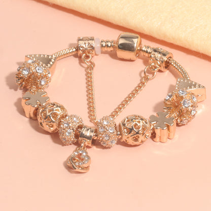 Rose Gold Crystal Charm Bracelet with Clover, Heart, Triangle Beads & Heart Pendant(20cm) V1132-NSSL63-20
