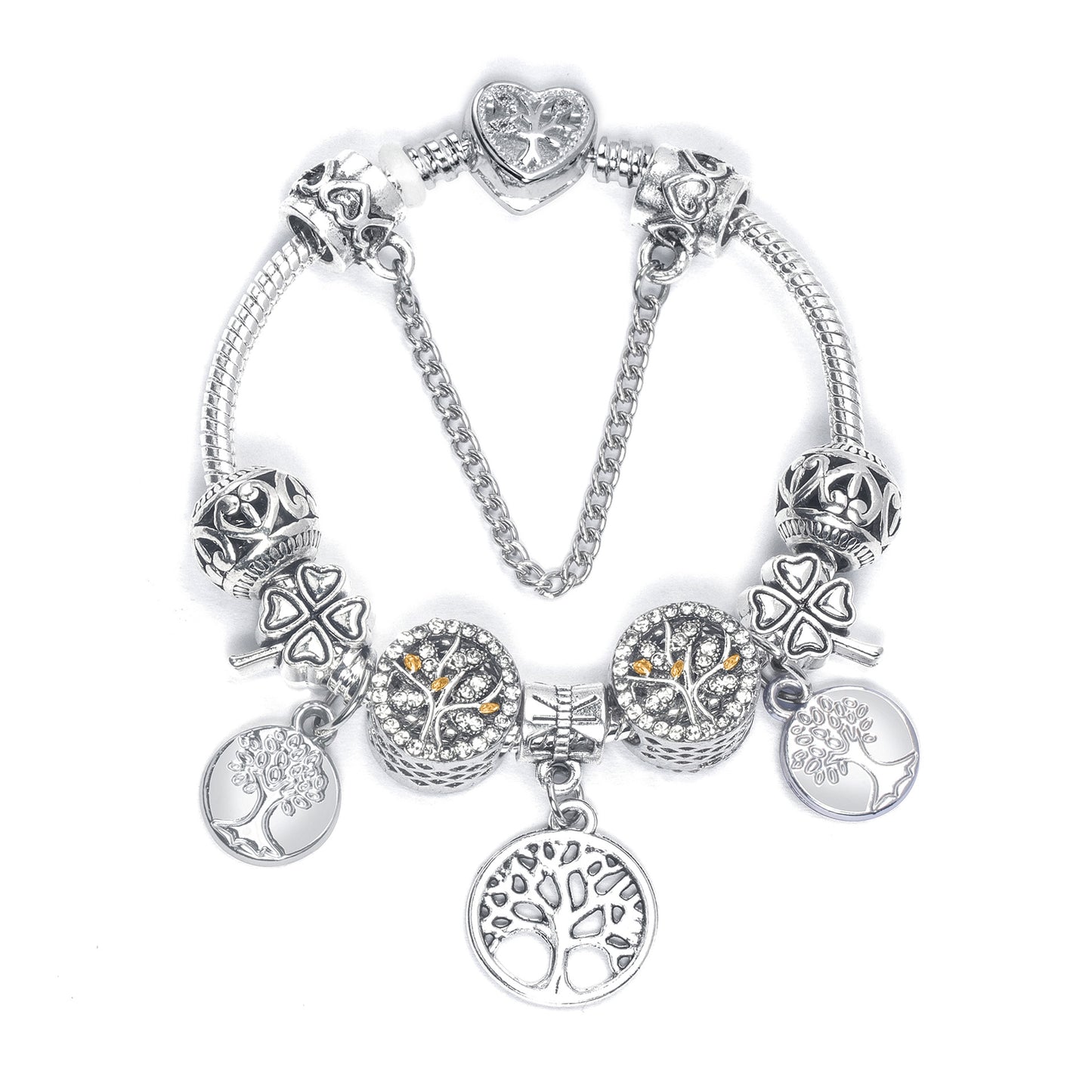 Vintage Silver Tree of Life CZ Four - Leaf Clover Charm Bead DIY Bracelet, Retro Style(17cm) V1132-NSSL66-17