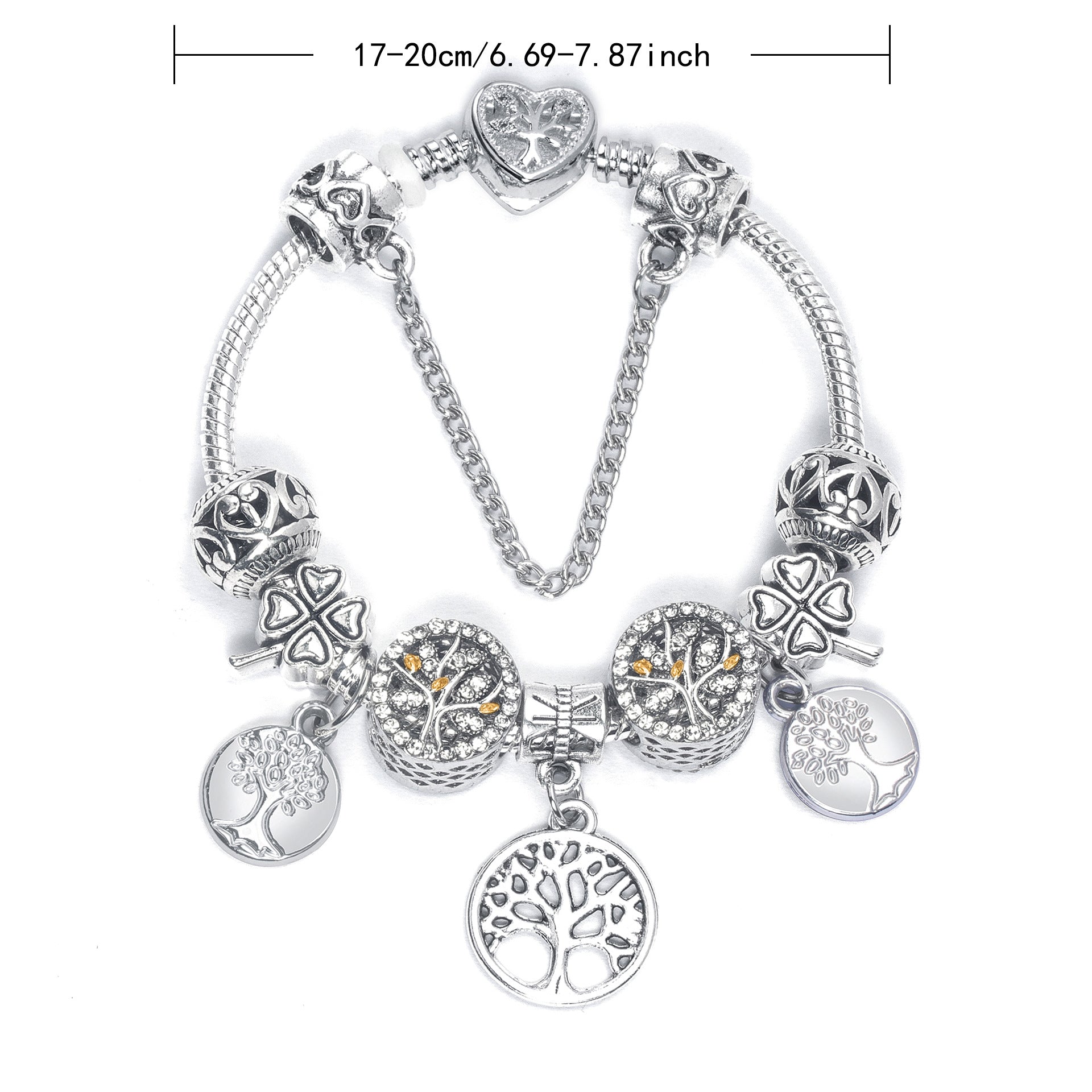 Vintage Silver Tree of Life CZ Four - Leaf Clover Charm Bead DIY Bracelet, Retro Style(17cm) V1132-NSSL66-17
