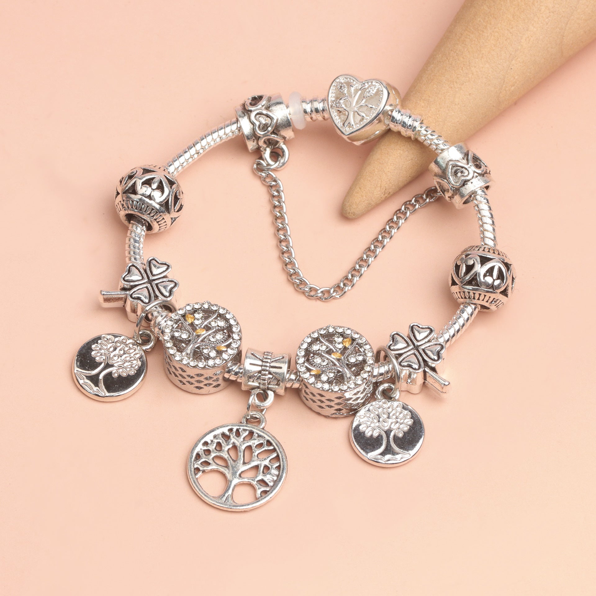 Vintage Silver Tree of Life CZ Four - Leaf Clover Charm Bead DIY Bracelet, Retro Style(17cm) V1132-NSSL66-17