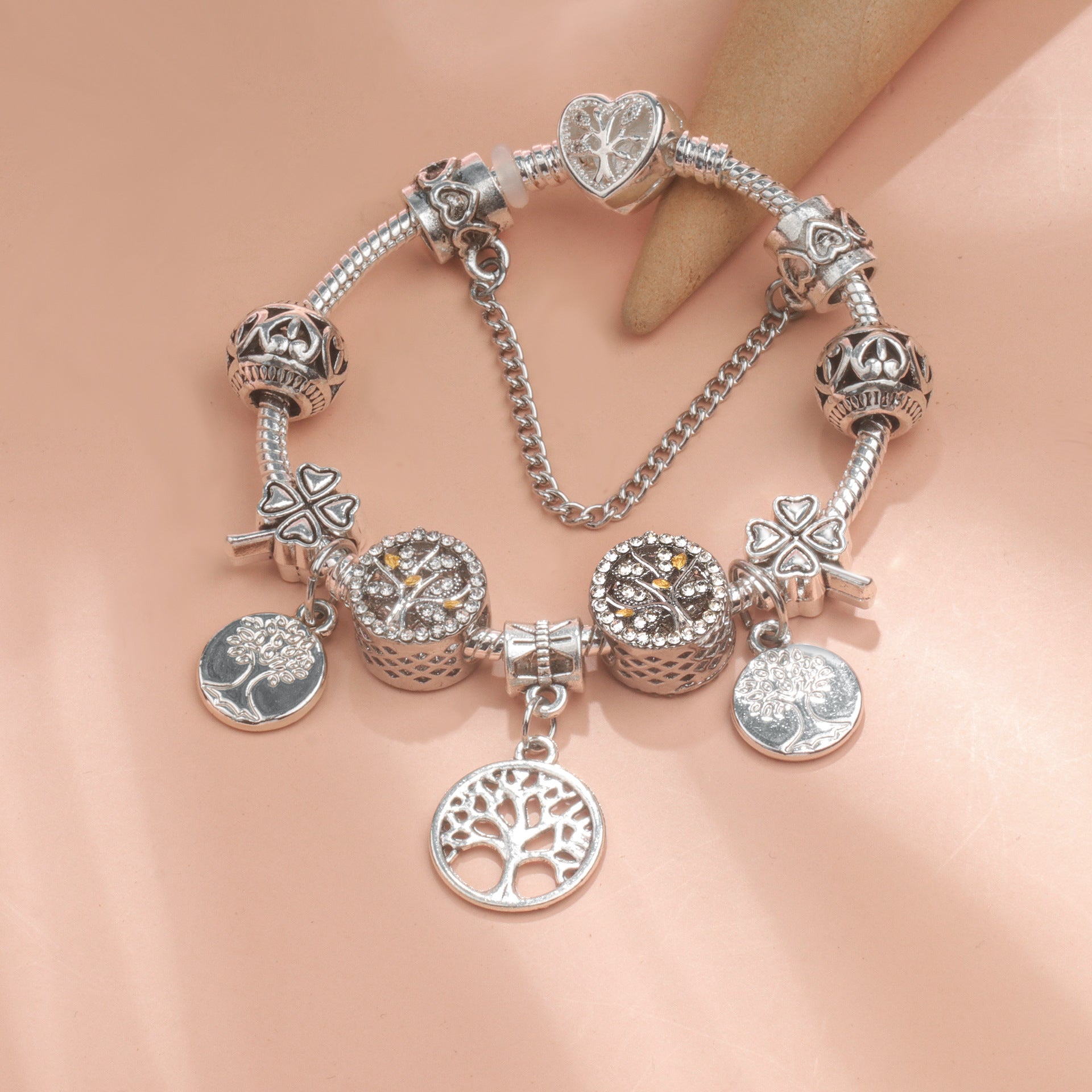Vintage Silver Tree of Life CZ Four - Leaf Clover Charm Bead DIY Bracelet, Retro Style(17cm) V1132-NSSL66-17