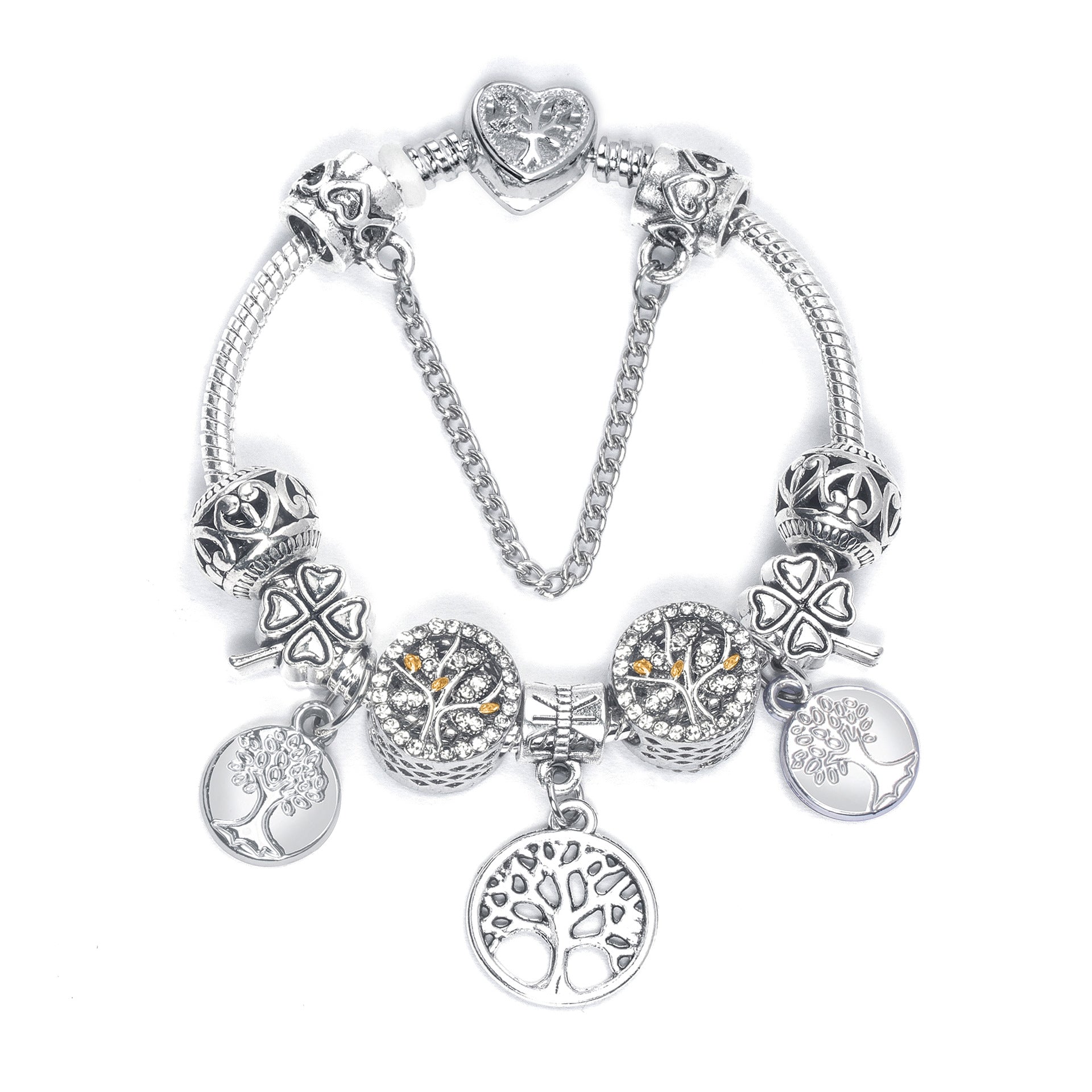 Vintage Silver Tree of Life CZ Four - Leaf Clover Charm Bead DIY Bracelet, Retro Style(18cm) V1132-NSSL66-18