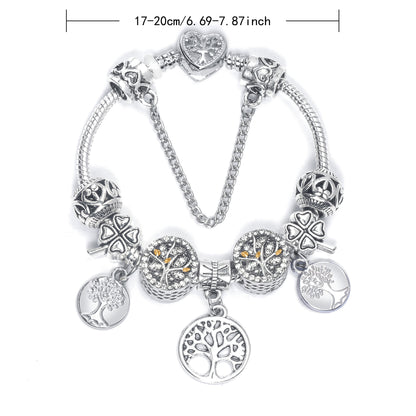 Vintage Silver Tree of Life CZ Four - Leaf Clover Charm Bead DIY Bracelet, Retro Style(18cm) V1132-NSSL66-18