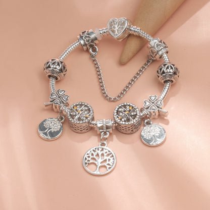 Vintage Silver Tree of Life CZ Four - Leaf Clover Charm Bead DIY Bracelet, Retro Style(18cm) V1132-NSSL66-18