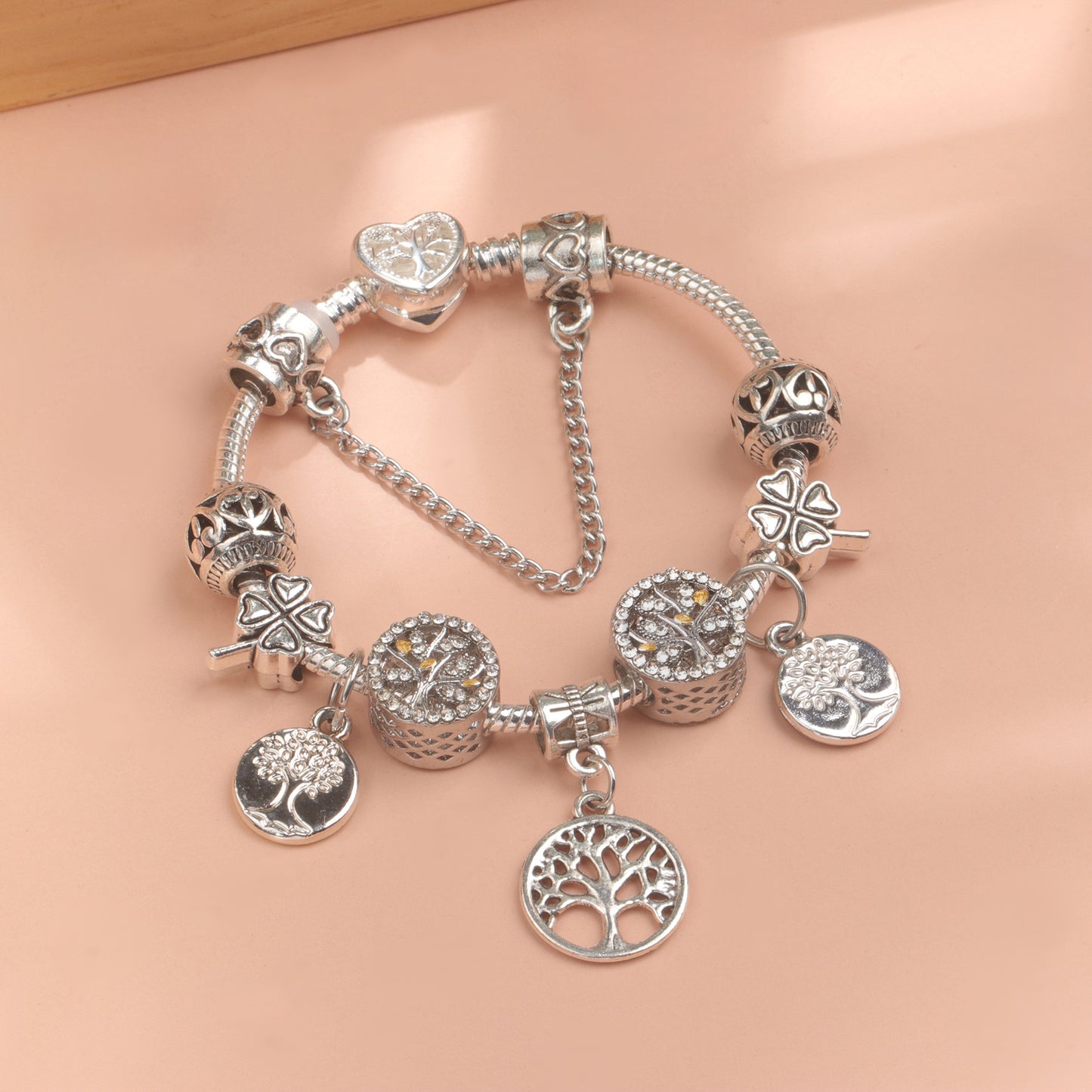Vintage Silver Tree of Life CZ Four - Leaf Clover Charm Bead DIY Bracelet, Retro Style(19cm) V1132-NSSL66-19