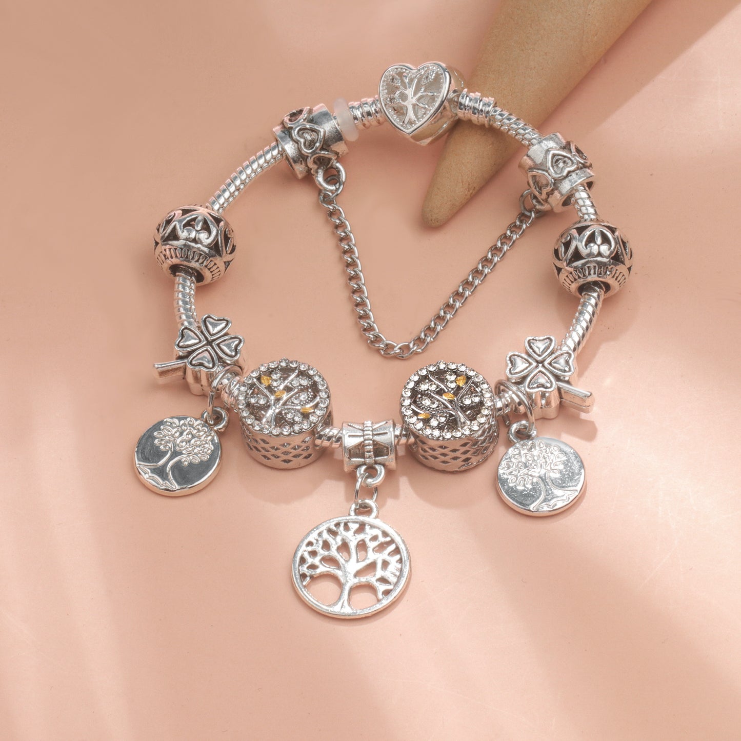 Vintage Silver Tree of Life CZ Four - Leaf Clover Charm Bead DIY Bracelet, Retro Style(19cm) V1132-NSSL66-19