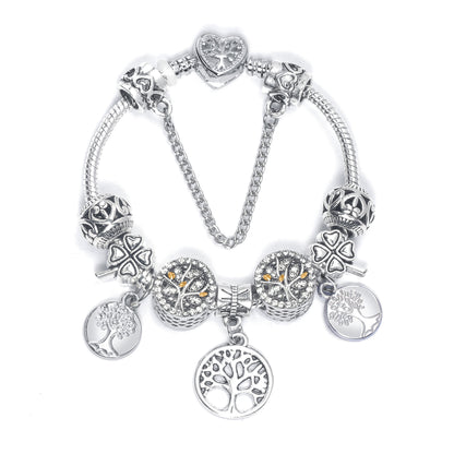 Vintage Silver Tree of Life CZ Four - Leaf Clover Charm Bead DIY Bracelet, Retro Style(20cm) V1132-NSSL66-20