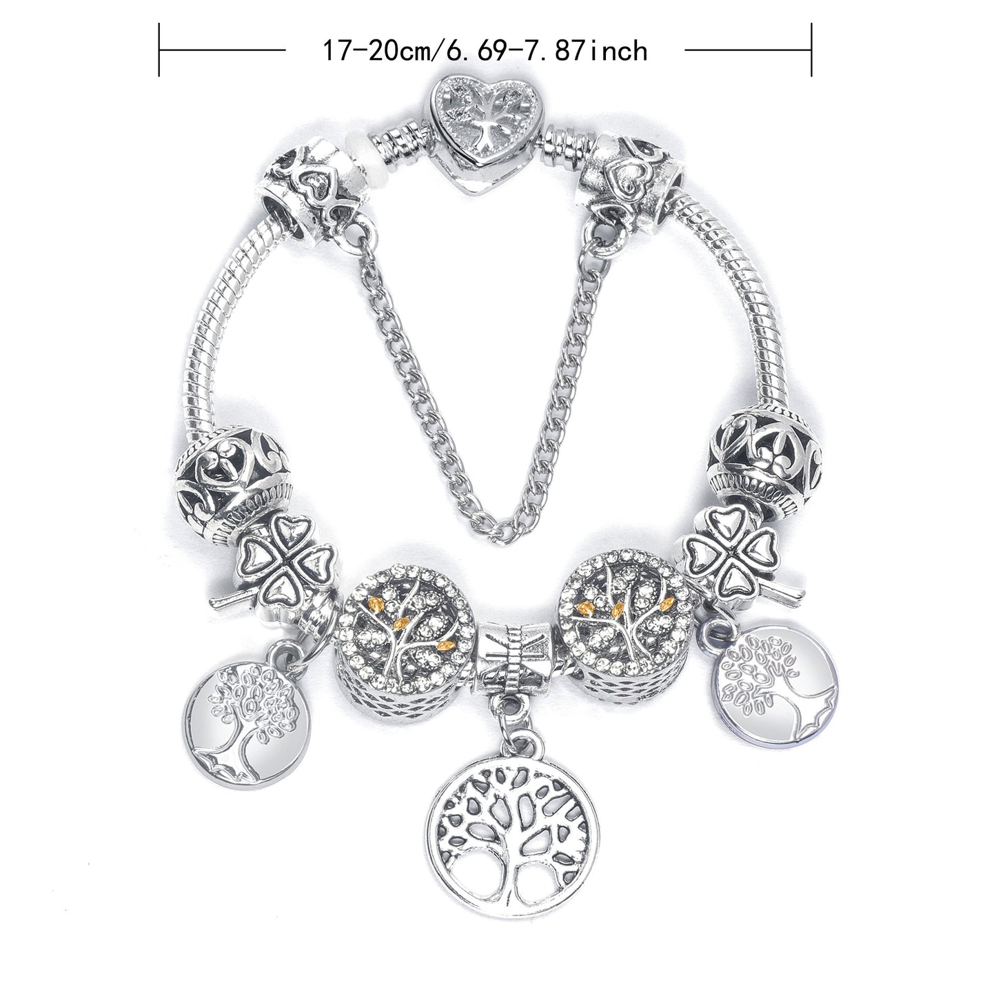 Vintage Silver Tree of Life CZ Four - Leaf Clover Charm Bead DIY Bracelet, Retro Style(20cm) V1132-NSSL66-20