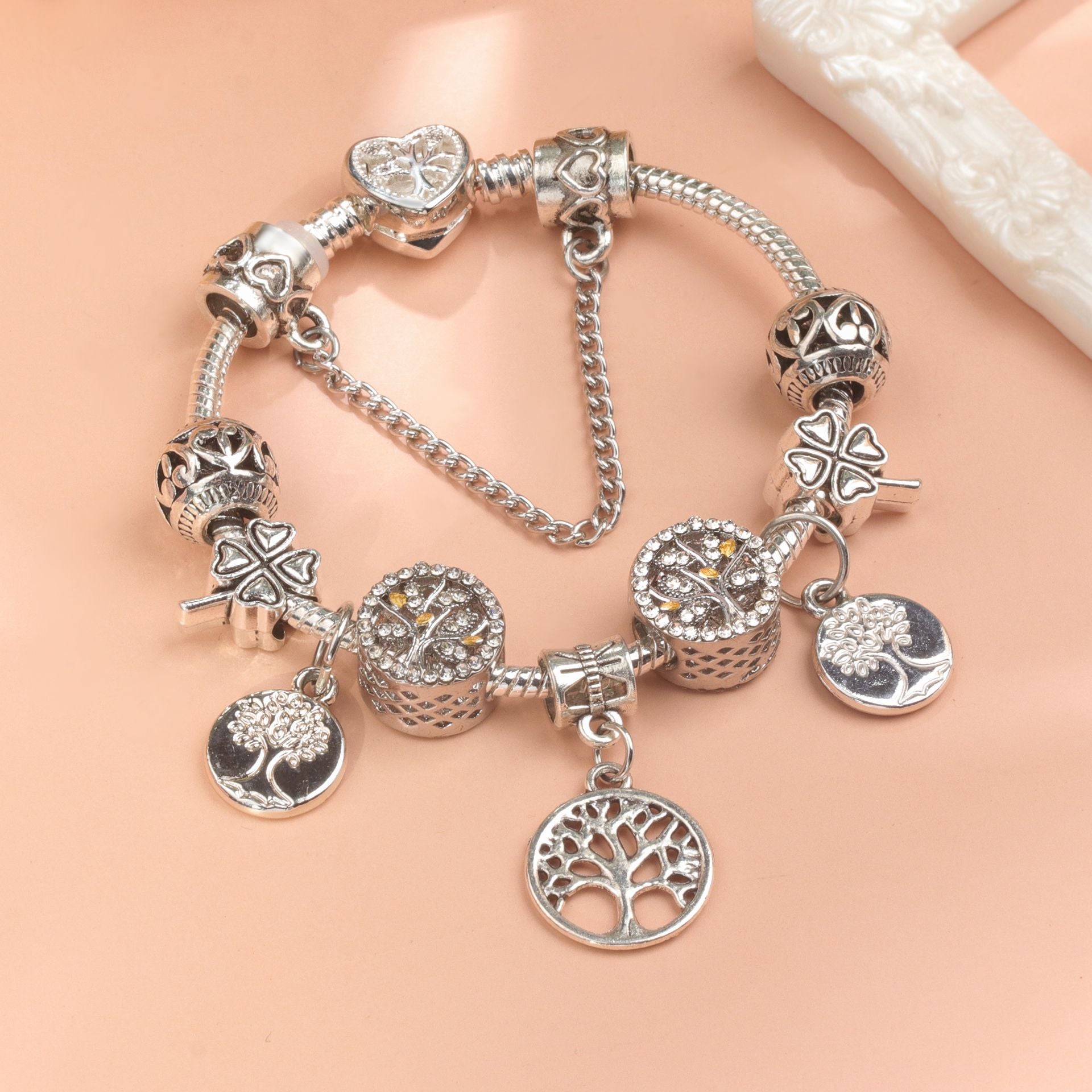 Vintage Silver Tree of Life CZ Four - Leaf Clover Charm Bead DIY Bracelet, Retro Style(20cm) V1132-NSSL66-20
