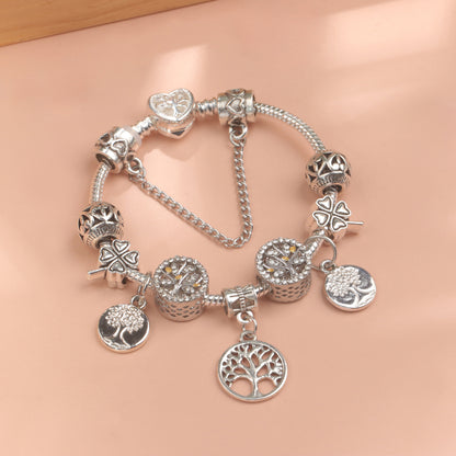 Vintage Silver Tree of Life CZ Four - Leaf Clover Charm Bead DIY Bracelet, Retro Style(20cm) V1132-NSSL66-20