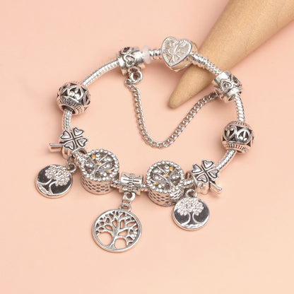 Vintage Silver Tree of Life CZ Four - Leaf Clover Charm Bead DIY Bracelet, Retro Style(20cm) V1132-NSSL66-20