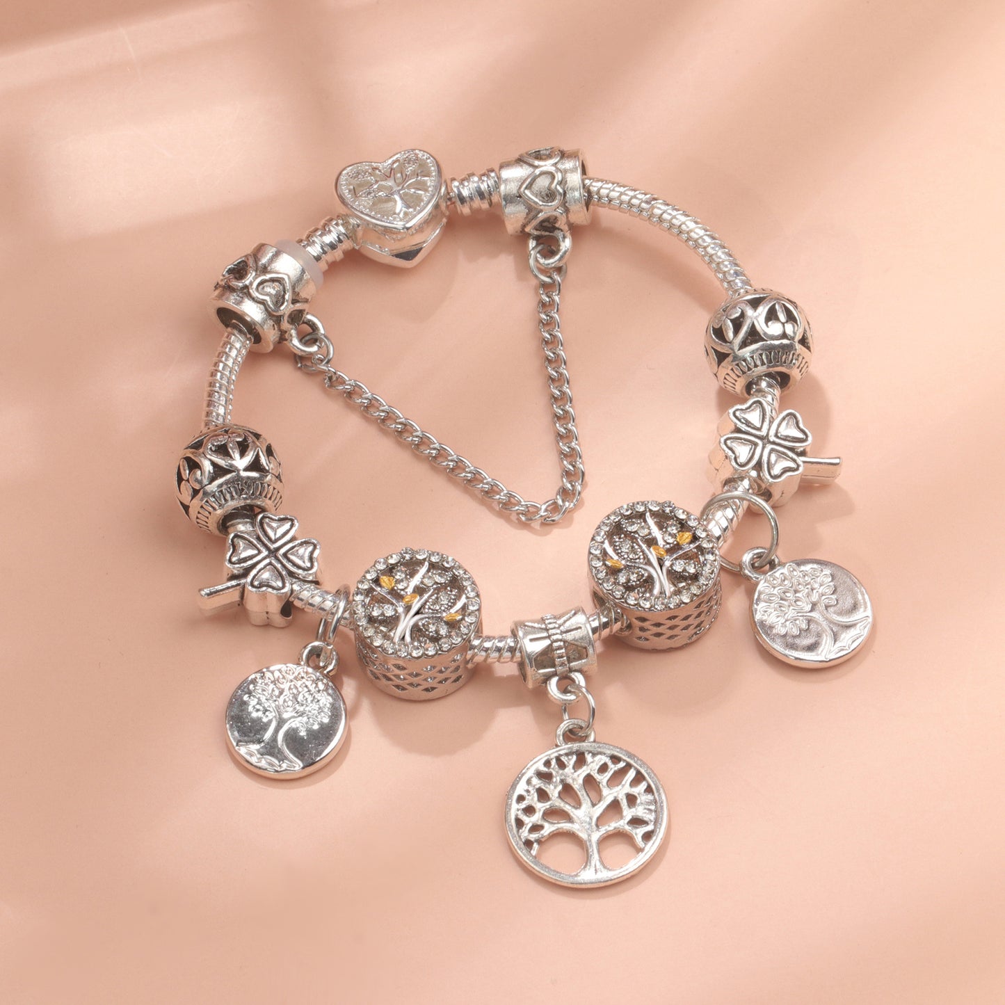 Vintage Silver Tree of Life CZ Four - Leaf Clover Charm Bead DIY Bracelet, Retro Style(20cm) V1132-NSSL66-20