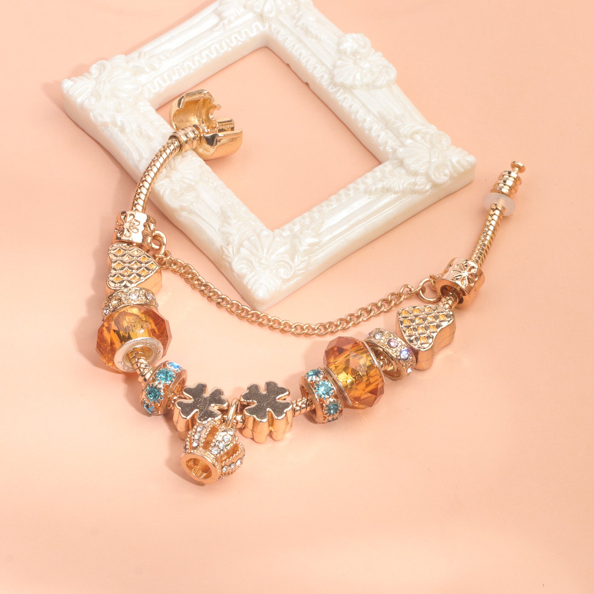Rhinestone Gold Heart Glass Beaded Bracelet with Crown Pendant(17cm) V1132-NSSL68-17