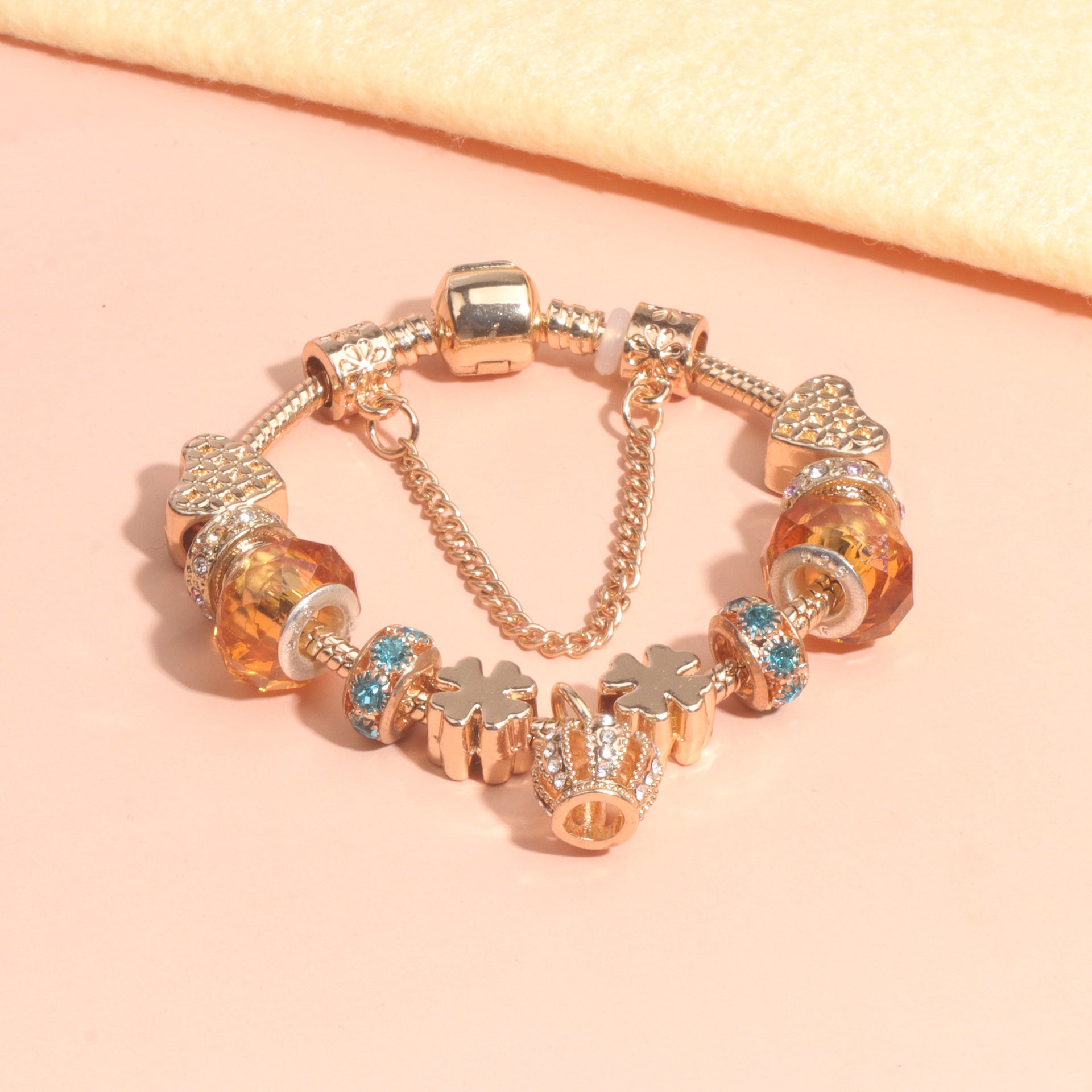 Rhinestone Gold Heart Glass Beaded Bracelet with Crown Pendant(17cm) V1132-NSSL68-17