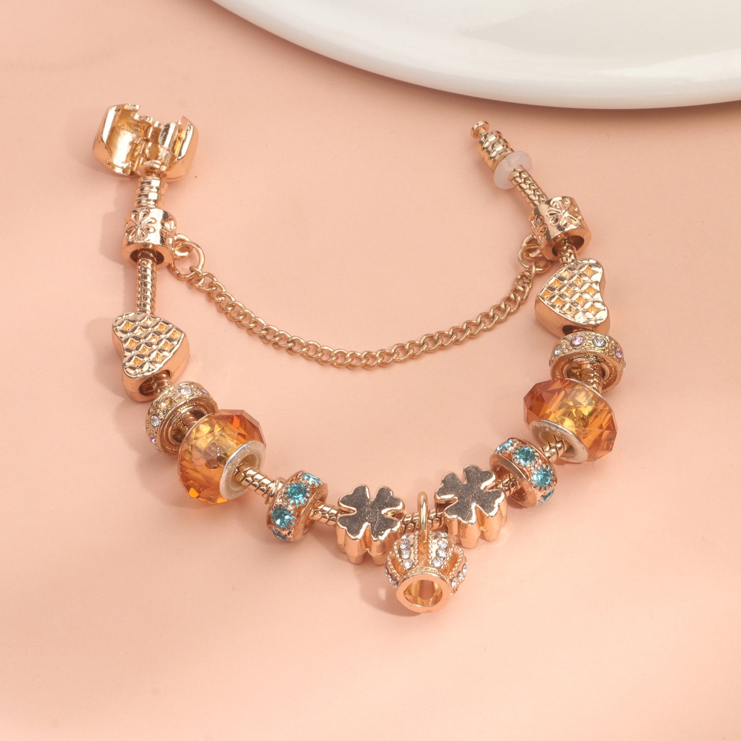Rhinestone Gold Heart Glass Beaded Bracelet with Crown Pendant(18cm) V1132-NSSL68-18