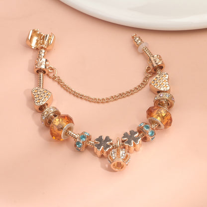 Rhinestone Gold Heart Glass Beaded Bracelet with Crown Pendant(18cm) V1132-NSSL68-18
