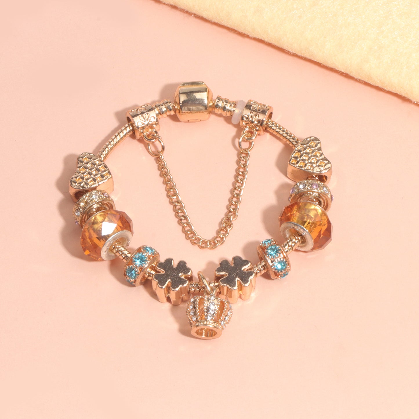Rhinestone Gold Heart Glass Beaded Bracelet with Crown Pendant(18cm) V1132-NSSL68-18