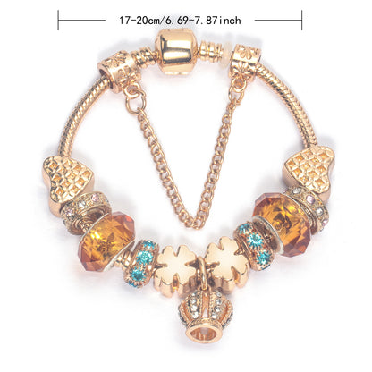 Rhinestone Gold Heart Glass Beaded Bracelet with Crown Pendant(19cm) V1132-NSSL68-19