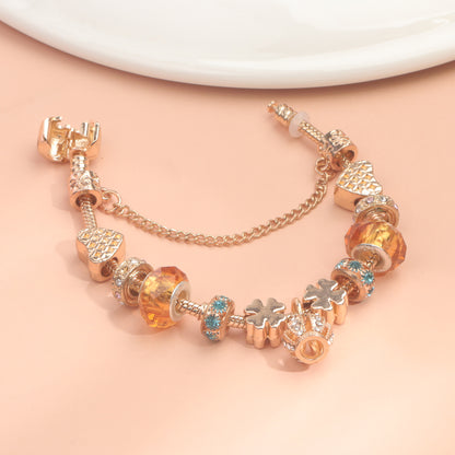 Rhinestone Gold Heart Glass Beaded Bracelet with Crown Pendant(19cm) V1132-NSSL68-19