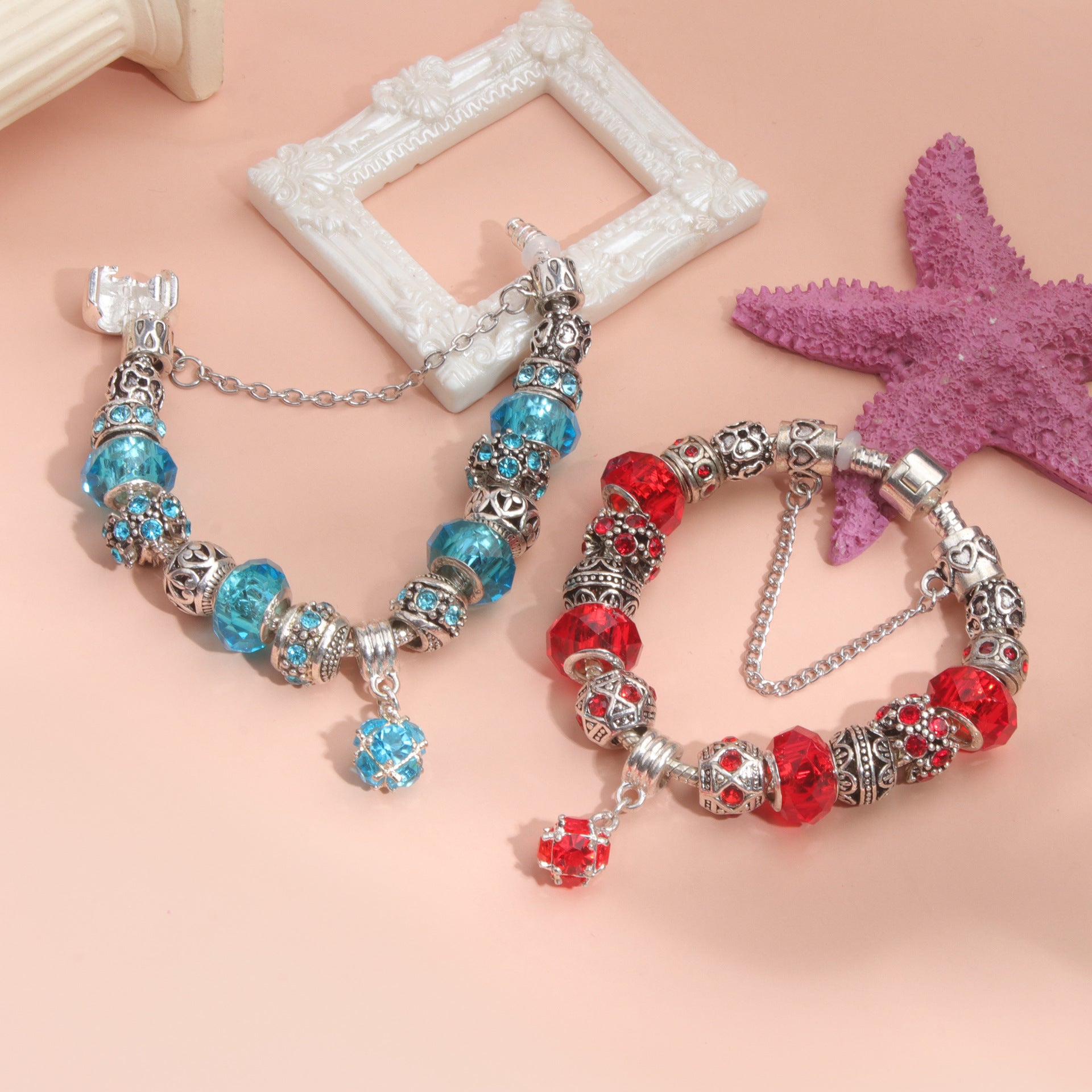 Ethnic Crystal Bead DIY Bracelet blue Alloy Electroplated Big Bead Bracelet(20cm) V1132-NSSL69-BLUE-20