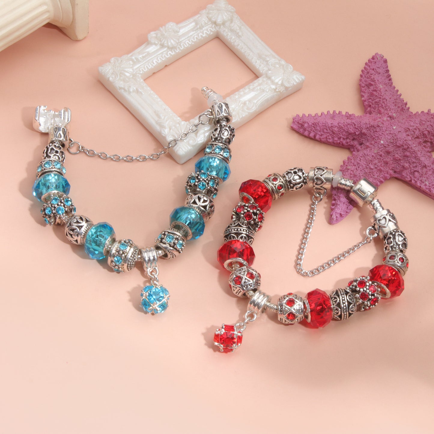 Ethnic Crystal Bead DIY Bracelet Red Alloy Electroplated Big Bead Bracelet(18cm) V1132-NSSL69-RED-18