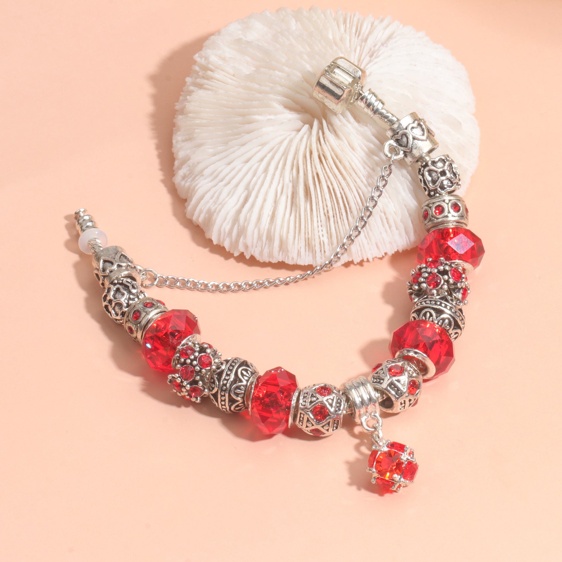 Ethnic Crystal Bead DIY Bracelet Red Alloy Electroplated Big Bead Bracelet(19cm) V1132-NSSL69-RED-19