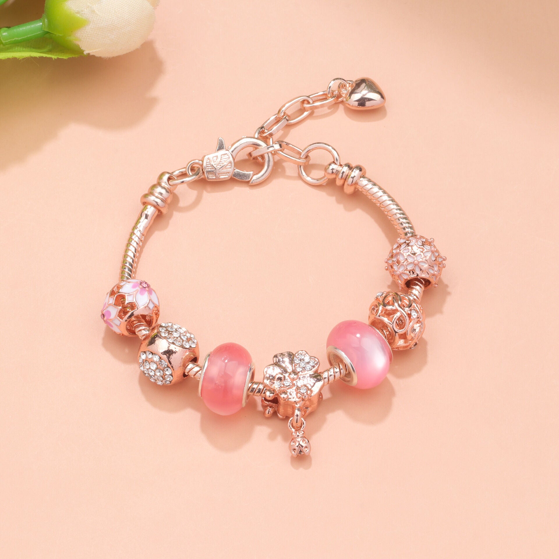 Rose Gold Beaded Bracelet with Floral & Zircon Accents(16cm) V1132-NSSL7-16