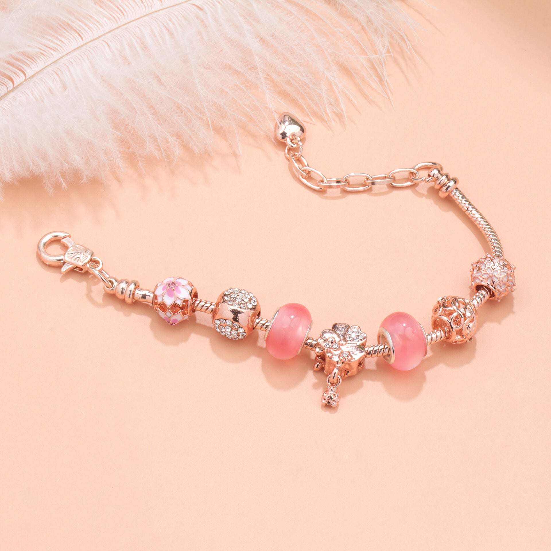 Rose Gold Beaded Bracelet with Floral & Zircon Accents(16cm) V1132-NSSL7-16