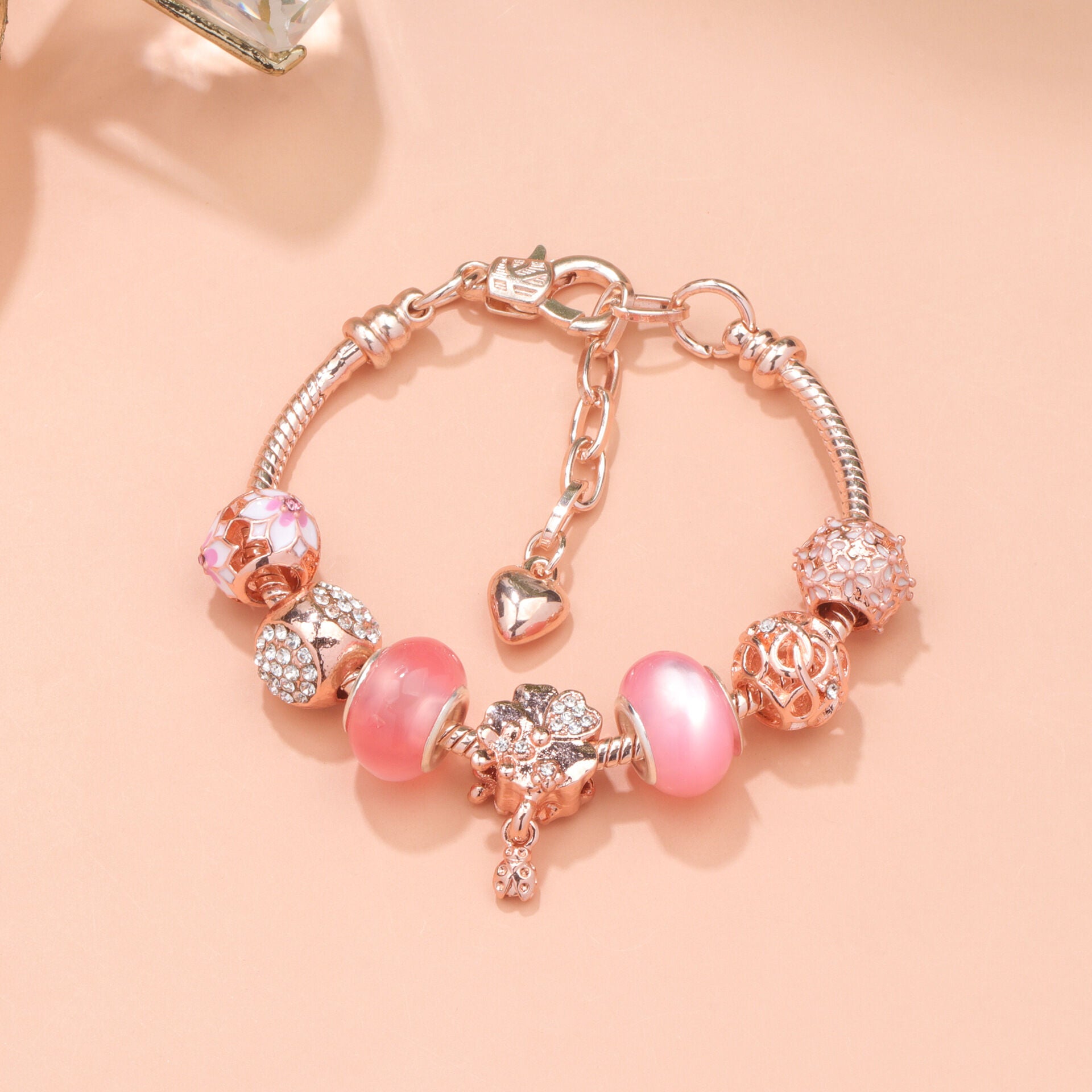 Rose Gold Beaded Bracelet with Floral & Zircon Accents(19cm) V1132-NSSL7-19
