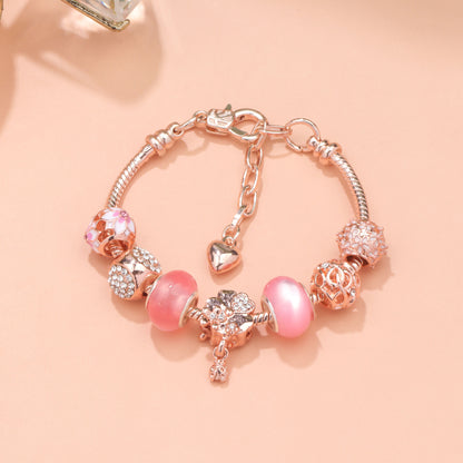Rose Gold Beaded Bracelet with Floral & Zircon Accents(19cm) V1132-NSSL7-19