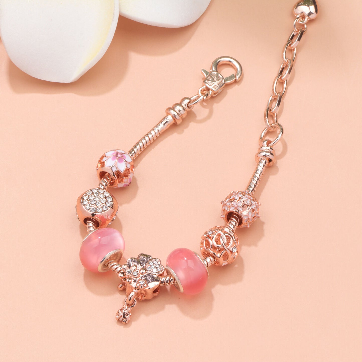 Rose Gold Beaded Bracelet with Floral & Zircon Accents(20cm) V1132-NSSL7-20